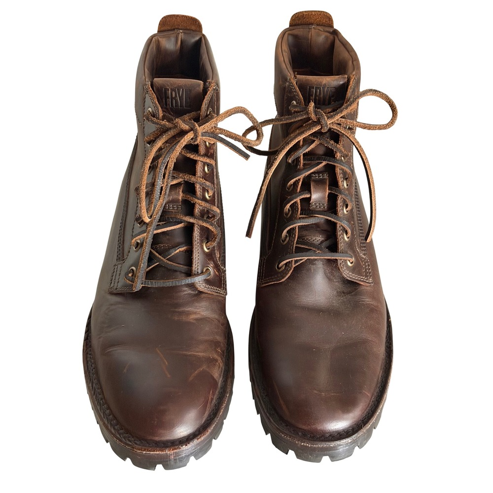 Frye Union work Leather Lace Up Combat Boots Mens Brown 9.5 Lug Sole Heritage